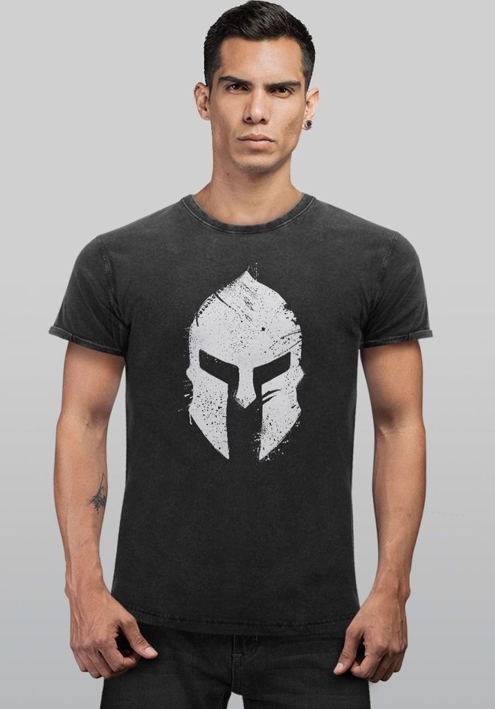 Herren Vintage Shirt Print Sparta-Helm Aufdruck Gladiator Krieger Warrior Spartaner Fashion Streetstyle Neverless schwarz -weiss XL
