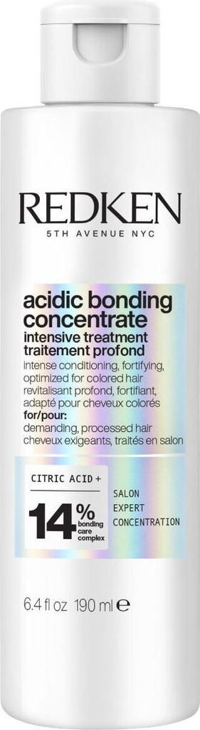 A white bottle of Redken Acidic Bonding Concentrate Intensive Treatment.