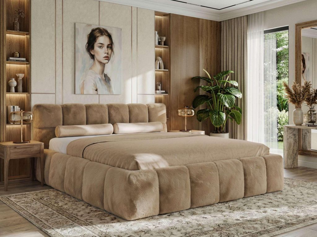 MKS MEBLE Polsterbett NIRA CLASSIC mit Bettkasten und Lattenrost gepolstertem Kopfteil Stauraumbett Gasdruck Foam Matratze MIRO LUX 180x200 Beige P...