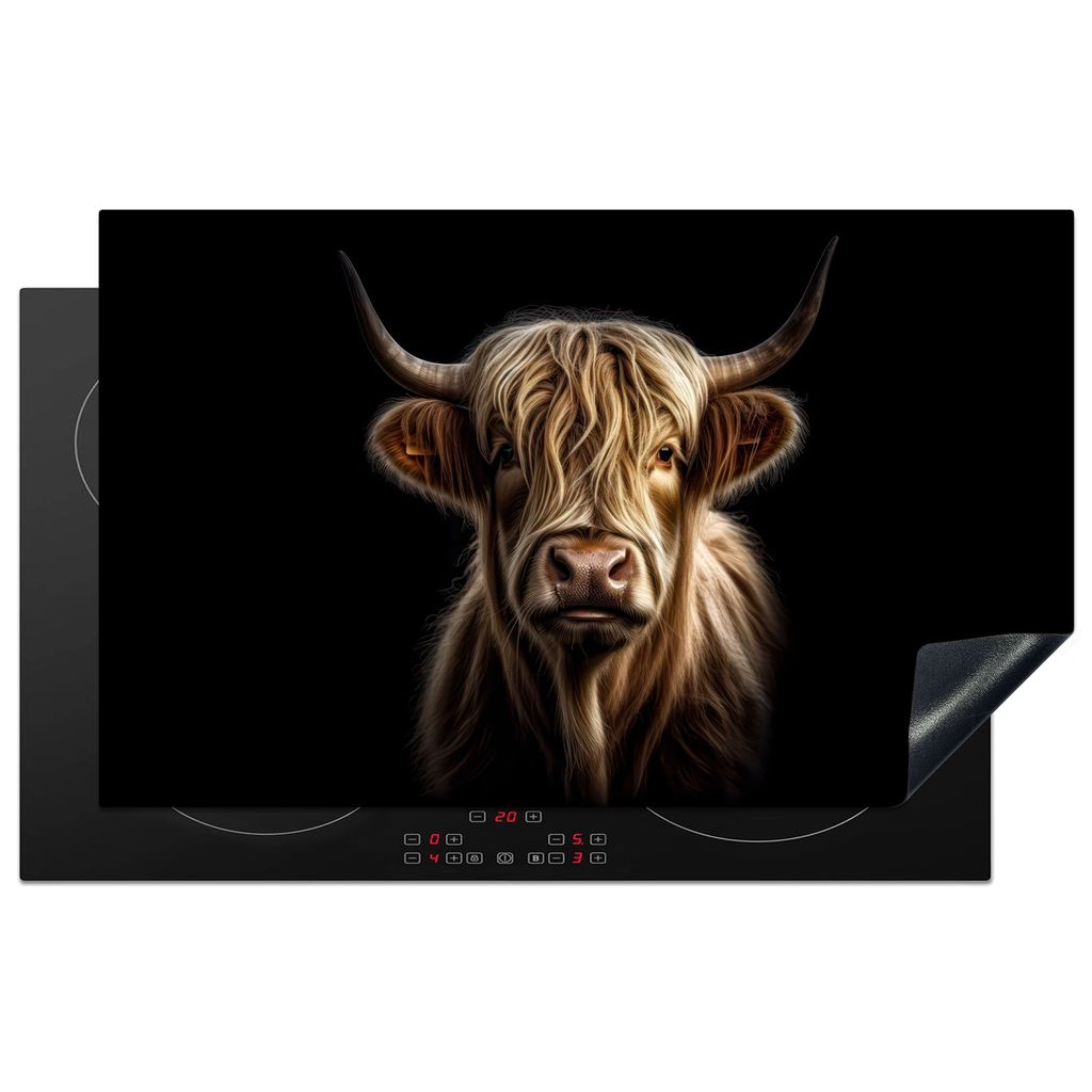 KitchenYeah Herdabdeckplatte Tiere - Schottischer Highlander - Kuh - Porträt - Schwarz , 85x52cm, Küche Deko, Glaskeramikkochfeld Herdabdeckung...