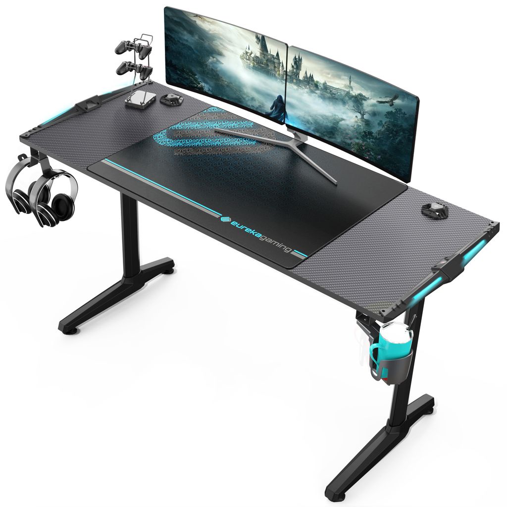 EUREKA ERGONOMIC Gaming Tisch mit LED Computertisch 140×60cm Schreibtisch Gamingtisch mit Getränkehalter und Kopfhörerhalter