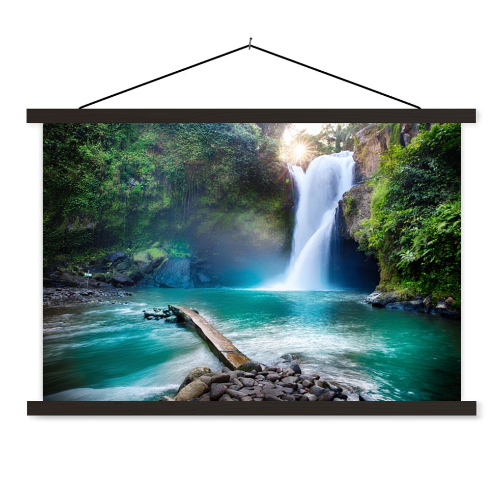 MuchoWow Textilposter Wasserfall - Steine - Landschaft - Pflanzen - Wasser 90x60 cm mit schwarzem Rahmen - Aufhängungssatz