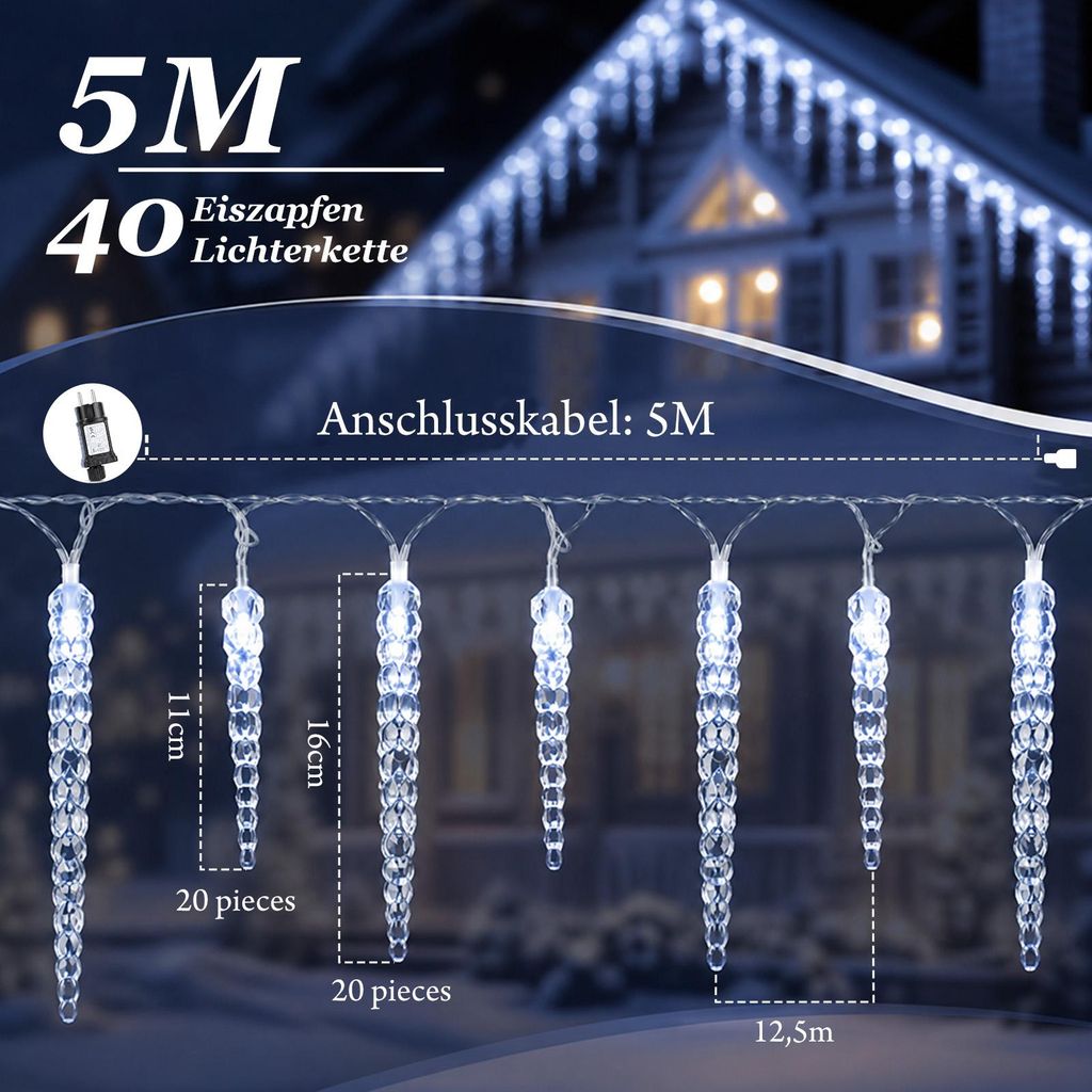 Salcar 5m 40 LED Lichterkette Eiszapfen kaltweiß LED