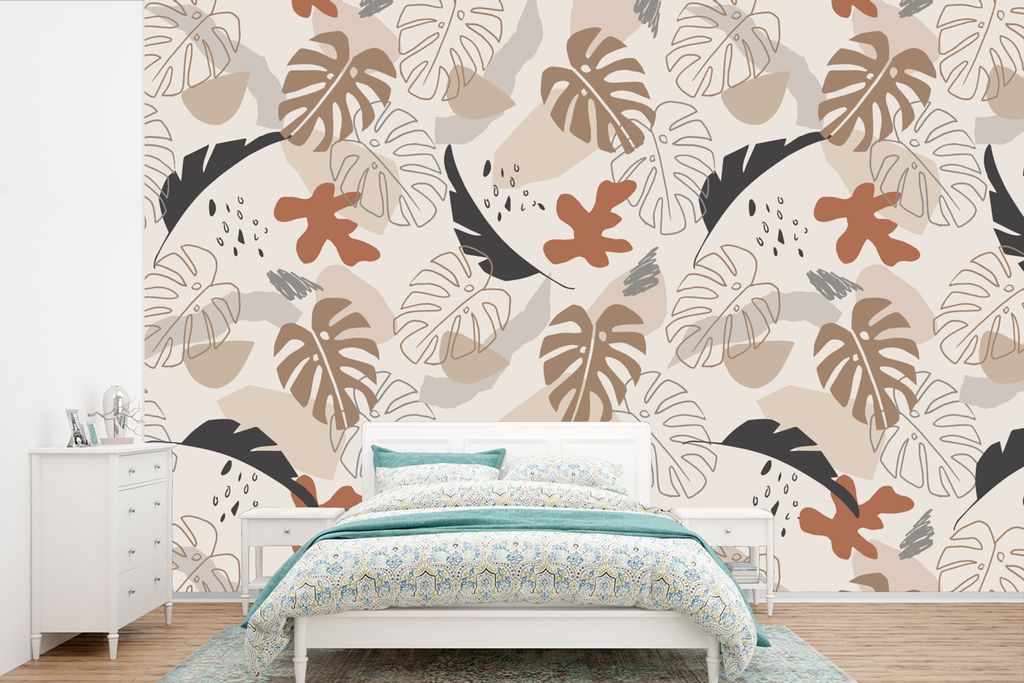 MuchoWow Fototapete für Wohnzimmer oder Schlafzimmer Wandtapete Vinyl Motivtapete Sommer - Monstera - Braun - 525x350 cm - Das Hintergrundbild