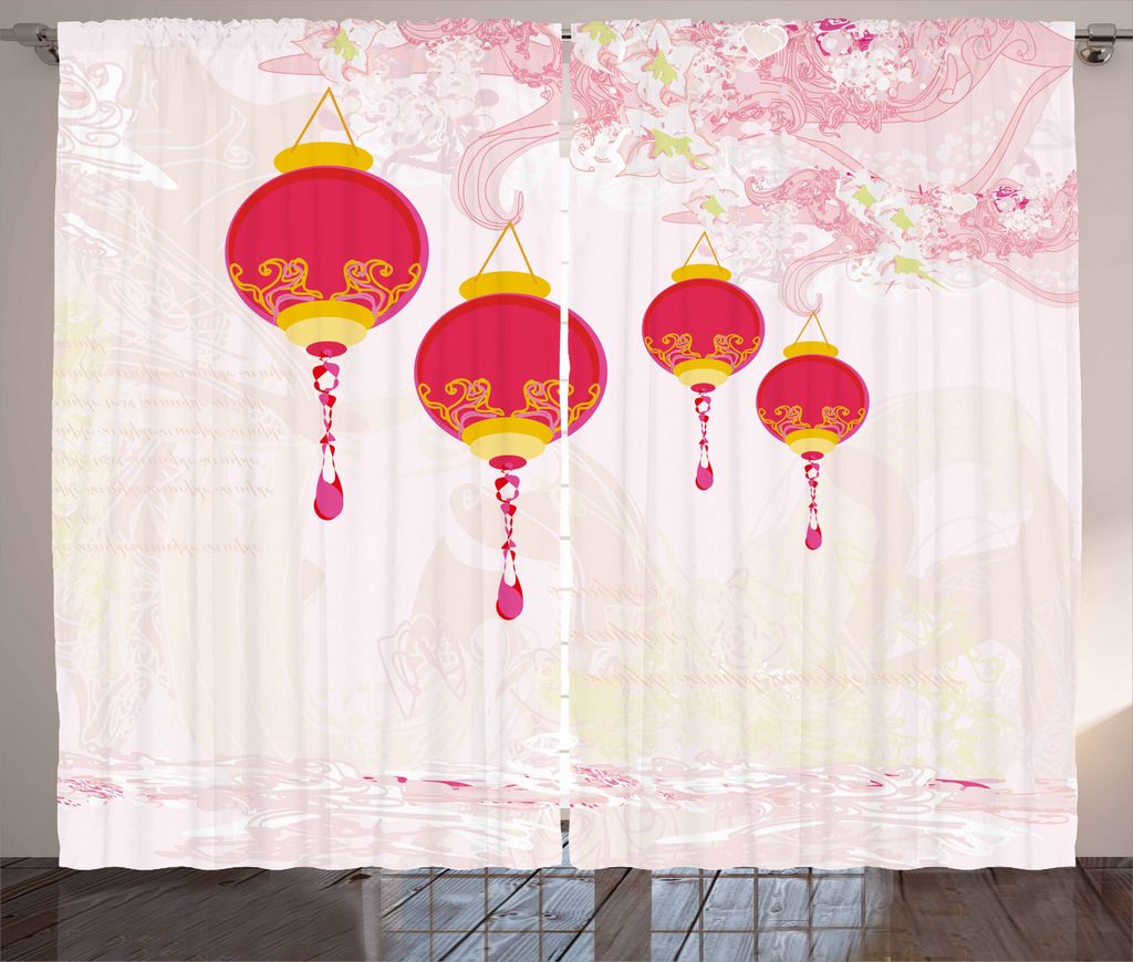 ABAKUHAUS Laterne Rustikaler Vorhang, Neujahr China, Wohnzimmer Universalband Gardinen mit Schlaufen und Haken, 280 x 245 cm, Hot Pink Gelb