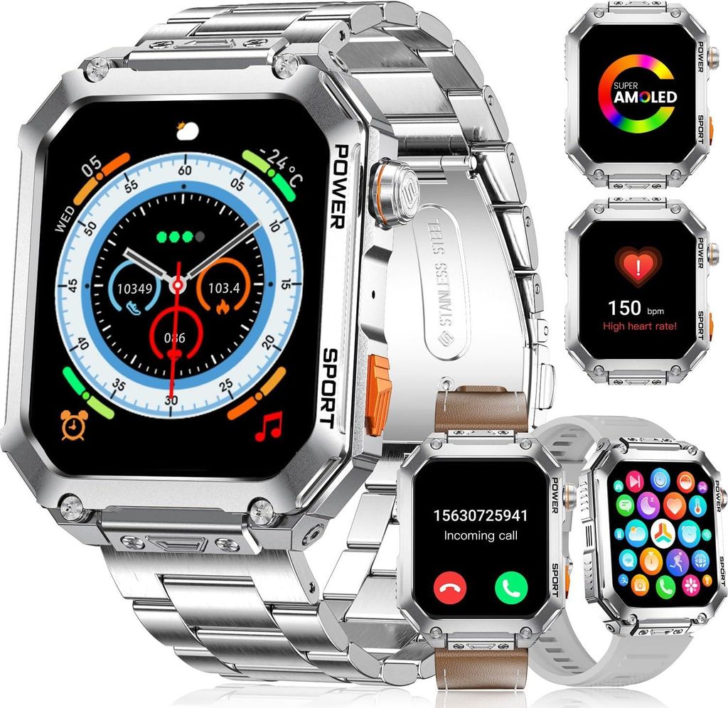 EF2 PRO Herren Militär Smartwatch 191 Zoll AMOLED Display 500mAh Akku Fitness Uhr mit 3 Armbändern 100 Sportmodi Herzfrequenz SpO2 Schlafmonitor ...