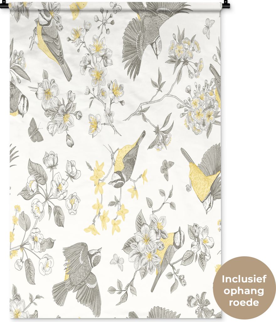 MuchoWow Wandteppich Wandbehang Blumen - Vogel - Grau 90x135 cm Tapisserie Dekoration Wandtuch - Baumwolle - Wandskulptur