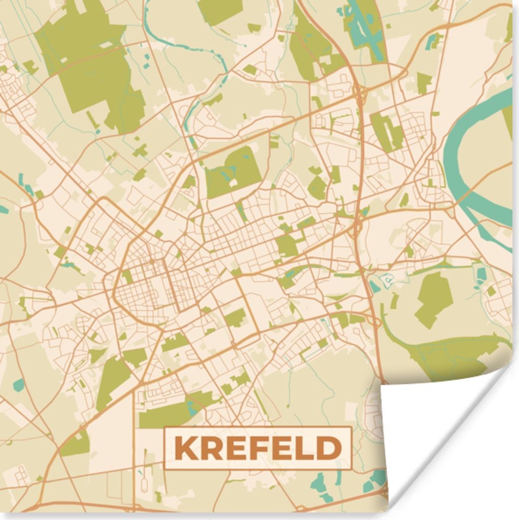 MuchoWow Poster Krefeld - Karte - Vintage - Stadtplan 50x50 cm - Wohnzimmerdekoration
