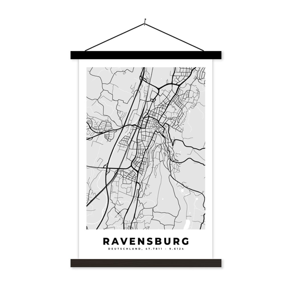 MuchoWow Textilposter Karte - Deutschland - Ravenburg - Karte - Stadtplan 40x60 cm mit schwarzem Rahmen - Wanddekorationen