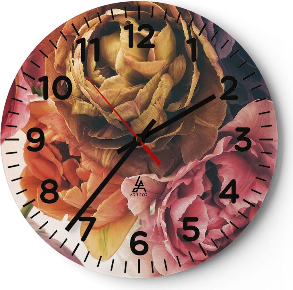 Wanduhr - Rund - Glasuhr - Blumenstrauß Blumen Braut - 30x30cm - Schleichendes Uhrwerk - Lautlos - zum Aufhängen bereit - Dekoration Modern - Wan...