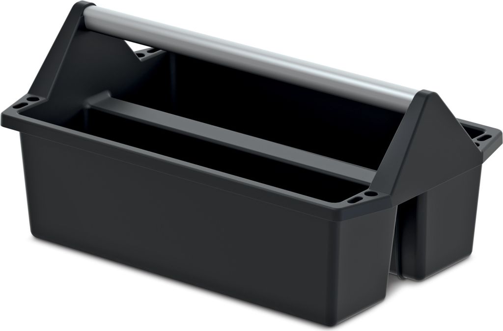 A black plastic toolbox with a gray handle is shown against a white background.