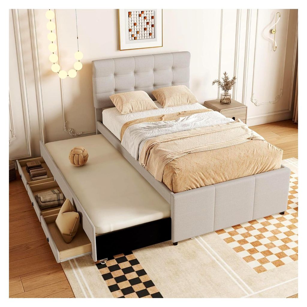 Polsterbett 90 x 200 cm mit 3 Schubladen, Einzelbettgestell mit ausziehbarem Bett, Familienbett mit Lattenrost und höhenverstellbarem Kopfteil, Le...