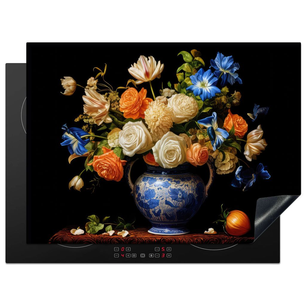 KitchenYeah Herdabdeckplatte Blumen - Vase - Stilleben - Niederländisch - Orange , 70x52cm, Küche Deko, Glaskeramikkochfeld Herdabdeckung, Abde...