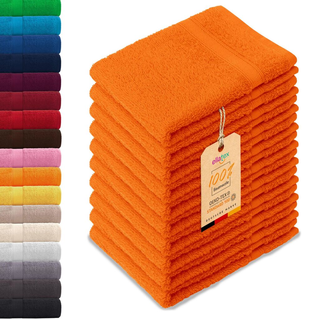 10er Pack EllaTex Gästehandtücher 30x50 cm 100% Baumwolle, 500 g/m² Handtücher Set weich saugstark Serie Paris, in Farbe: Orange