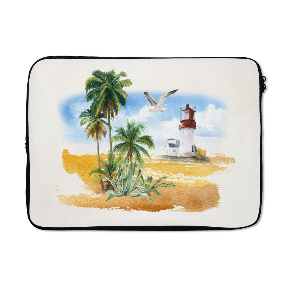 MuchoWow Laptop Hülle 14 ZollLeuchtturm - Palme - Strand Laptoptasche - Laptoptasche - Stoßsicher - Schutzhaube