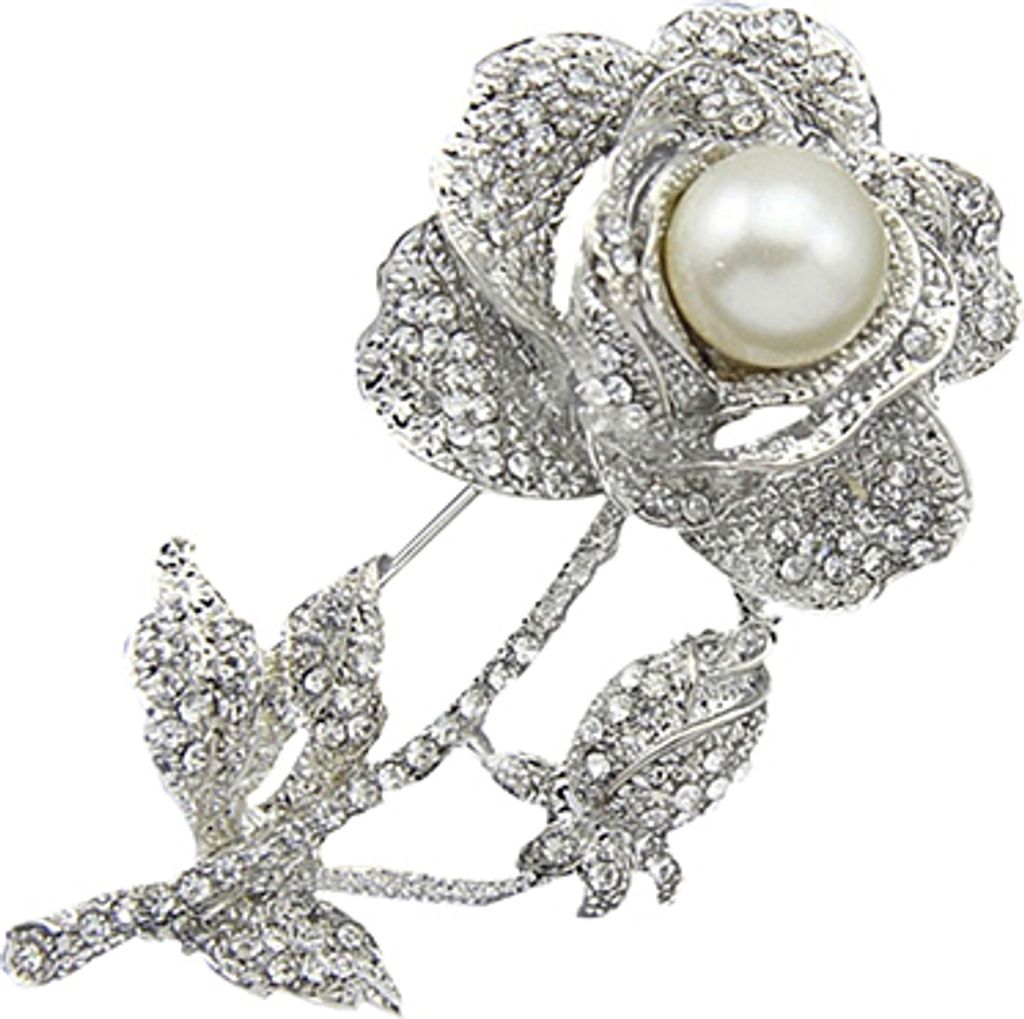 Damen-Brosche mit Rosen-Blume, Kunstperle, Strass, Brautschmuck, Hochzeitsgeschenk-Silber