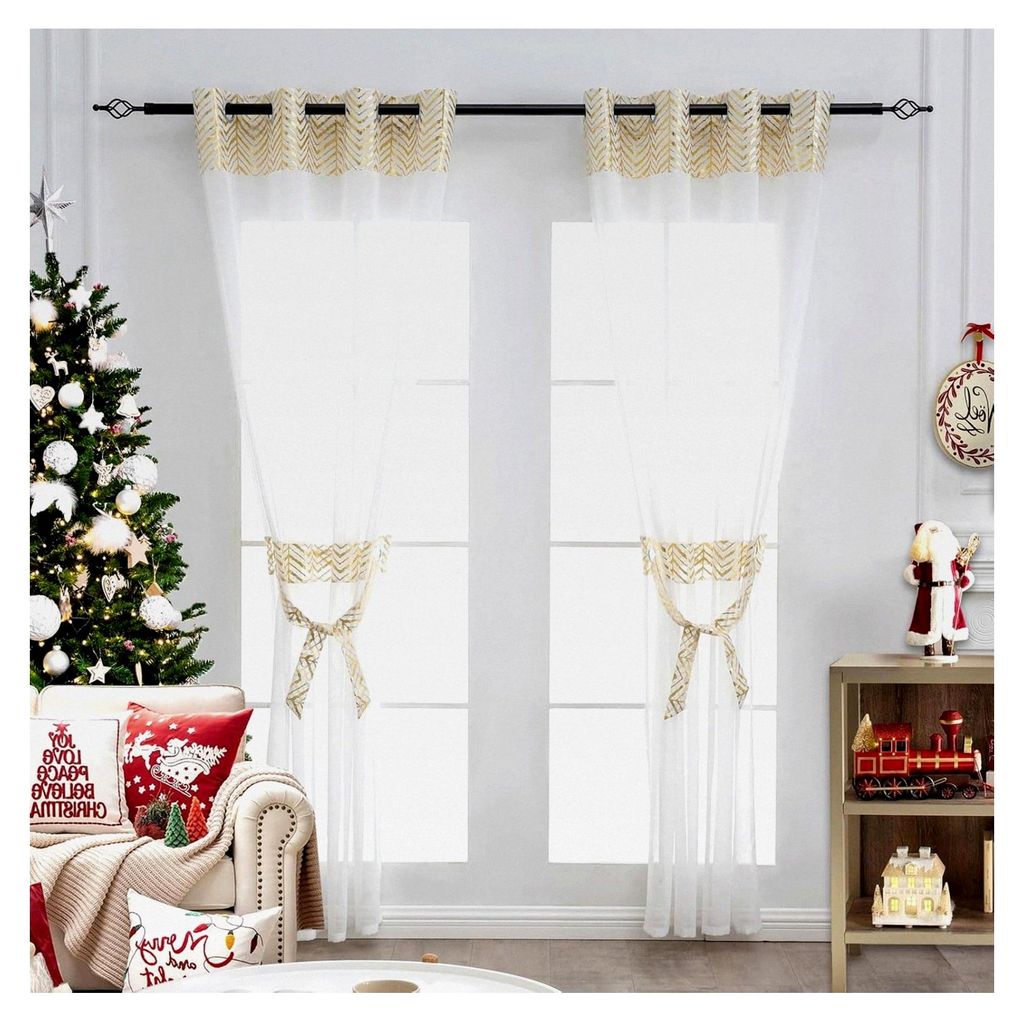 Gardinen in Gold und Weiß für das Wohnzimmer, 260 cm extra lang, 2er Set, Esszimmer Vorhänge, transparent, modern, Ösenvorhang, 140 x 260 cm