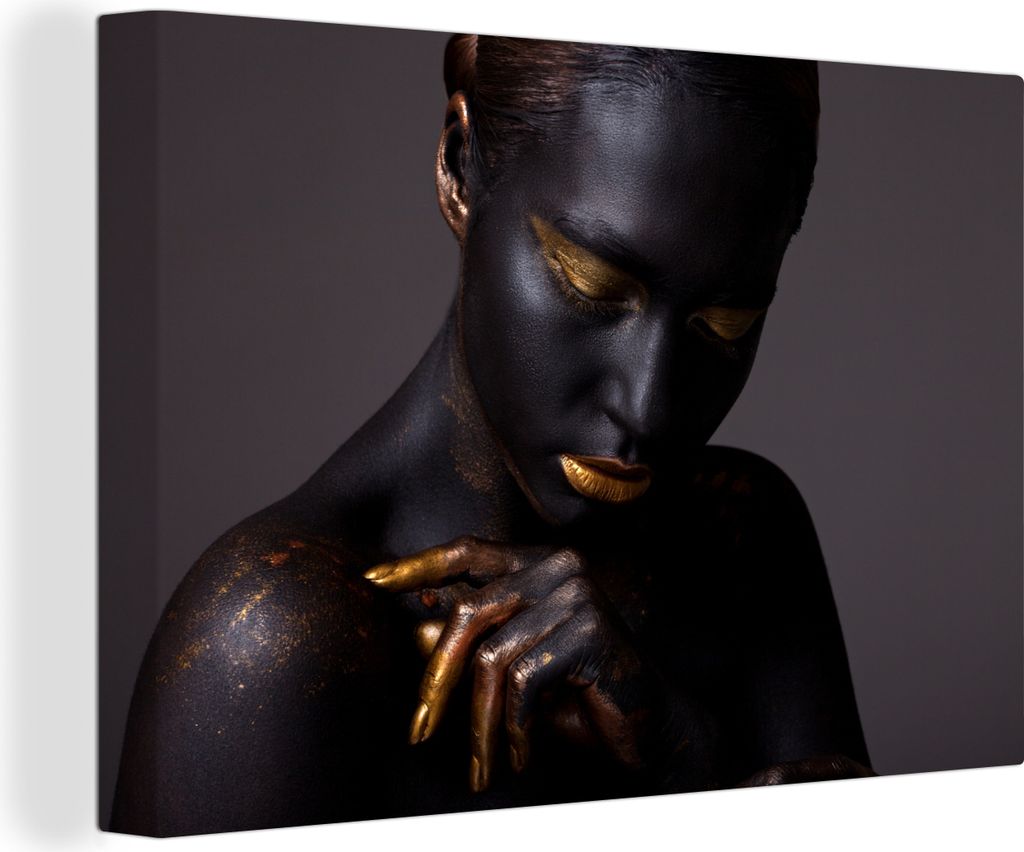 OneMillionCanvasses - Leinwandbilder - 140x90 cm, Frau mit goldenen Akzenten vor schwarzem Hintergrund, Wandbilder Kunstdruck Wanddekoration