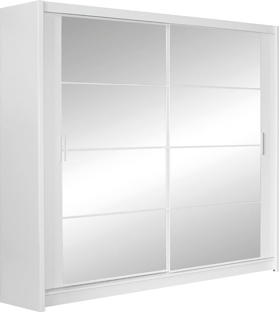 Furniture24 Kleiderschrank Dakota 203 Schlafzimmer 2 Türiger Schwebetürenschrank Schrank mit Kleiderstange 4 Einlegeboden und Spiegel Weiß Schie...