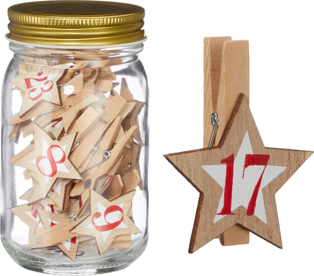 Adventskalender Einmachglas 7,5x13cm Holzklammern mit Holzstern Zahlen Holz 25tlg Adventszeit Kalender Wäscheklammern Schraubverschluss