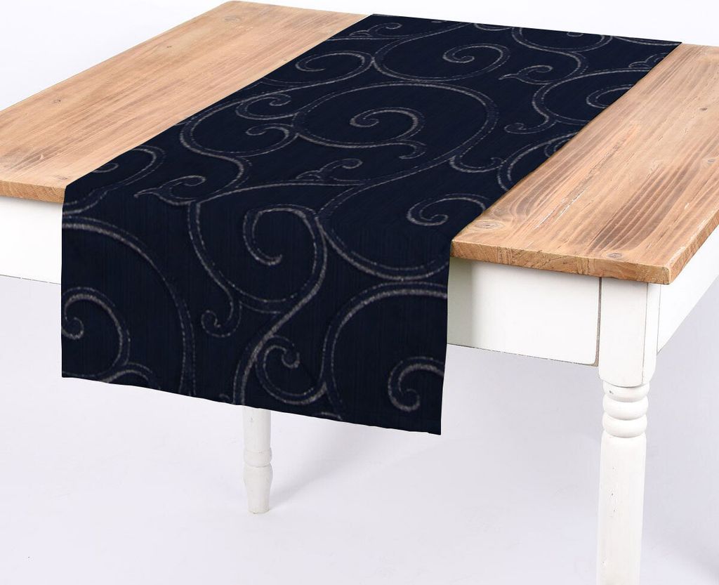 SCHÖNER LEBEN. Tischläufer Ornamente Schnörkel Polyester dunkelblau silb
