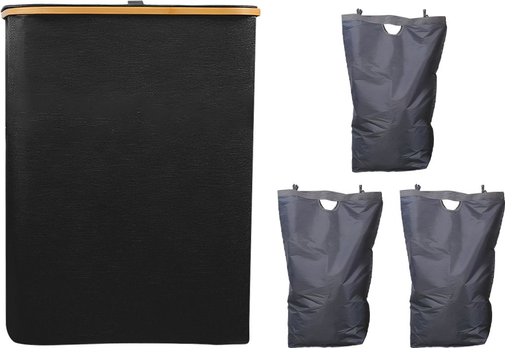 A black laundry hamper with a wooden lid and three gray laundry bags are displayed against a white background.