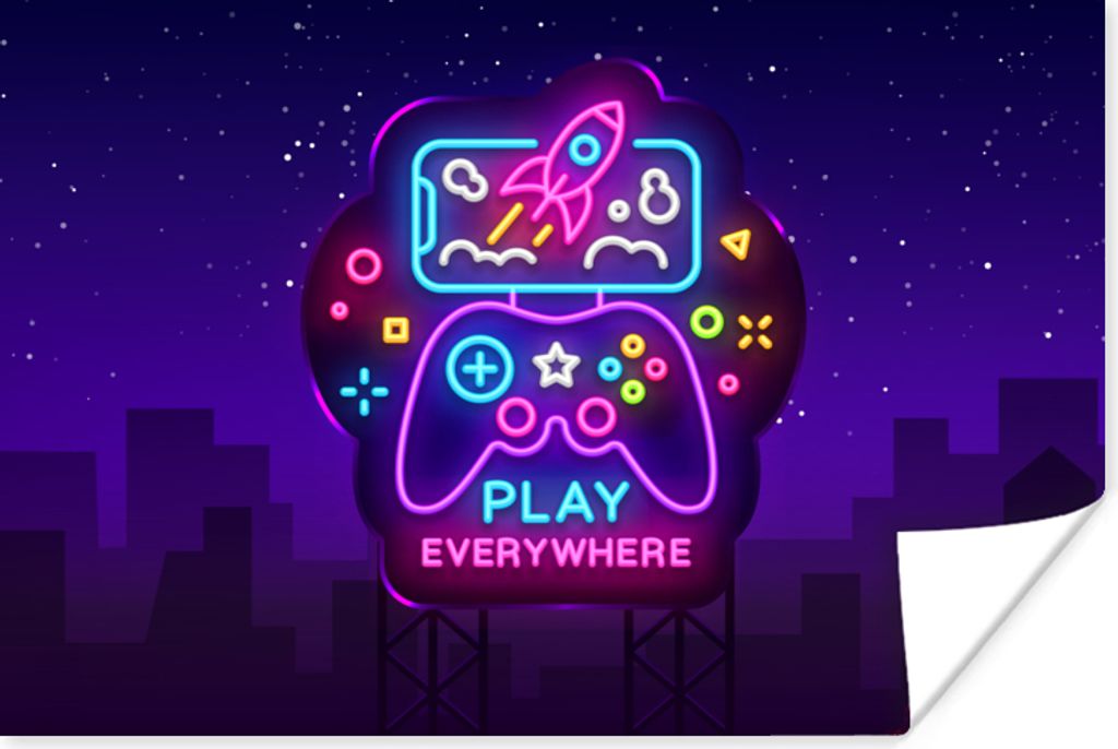 MuchoWow Poster Gaming - Neon - Spielen - Blau - Nacht - Controller 120x80 cm - Bilder