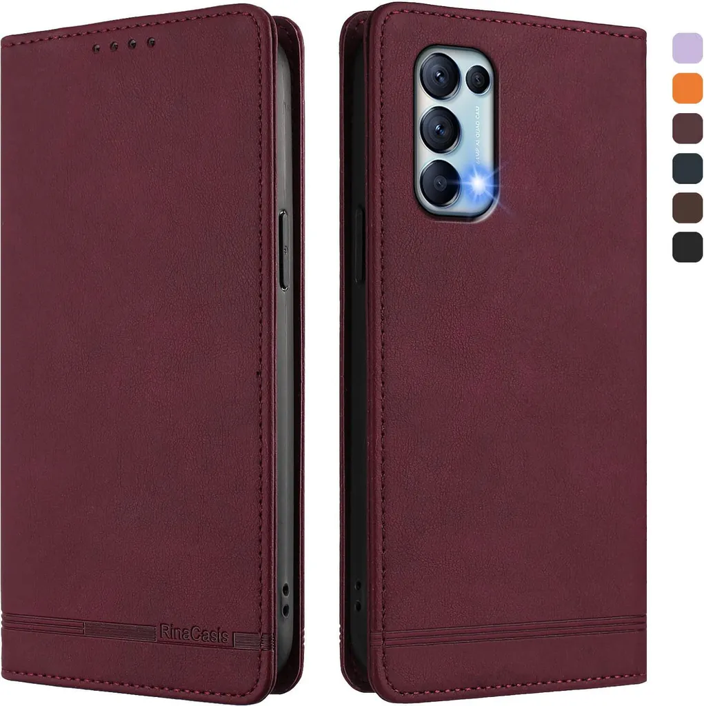 Custodia per Oppo Reno5 4G/Reno5 5G, custodia retro in Finto cuoio con supporto e slot per carte Rosso
