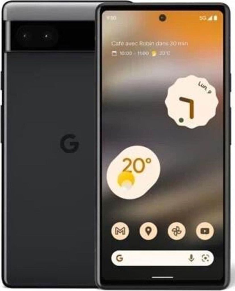 A black Google Pixel 6a smartphone is shown from the front and back, with its screen displaying widgets and notifications.