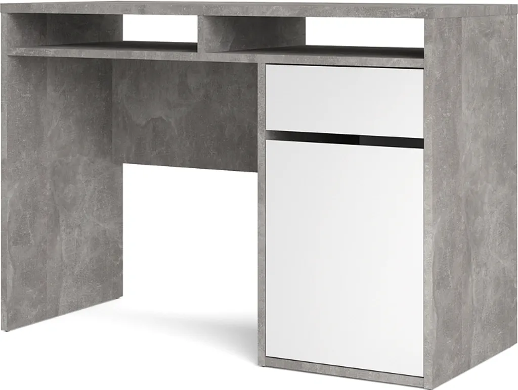 Bureau avec tiroir et niches de rangement aspect béton et blanc laqué