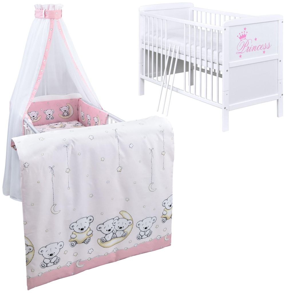 Baby-Delux Babybett Kinderbett Natalie Princess 70x140 Weiß mit Matratze Komplett Bettset Teddy Mond rosa
