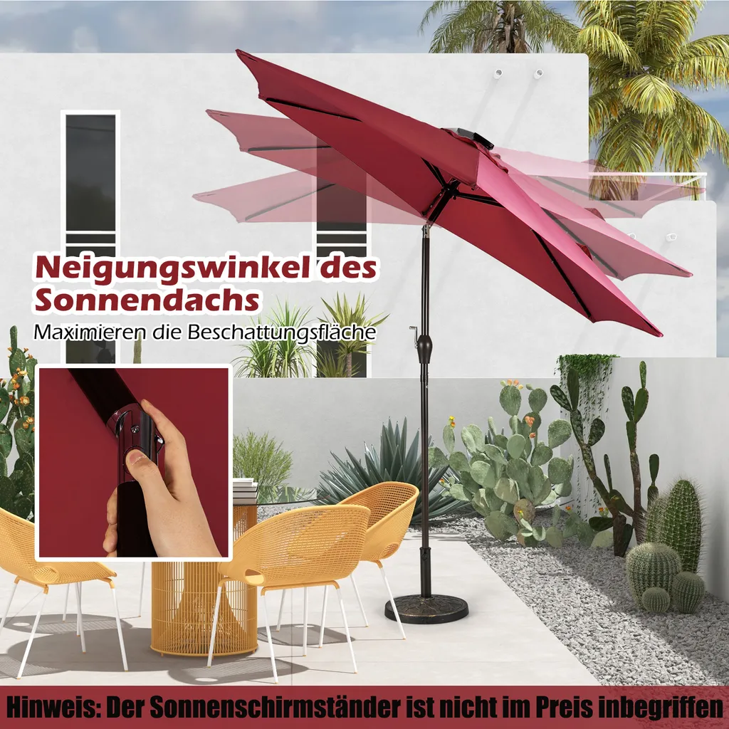 COSTWAY Ombrellone 270 cm con illuminazione solare a LED e manovella Ombrellone a semaforo Ombrellone da giardino Ombrellone da mercato Ombrellone da spiaggia Ombrellone a manovella Ombrellone rosso vino - 3