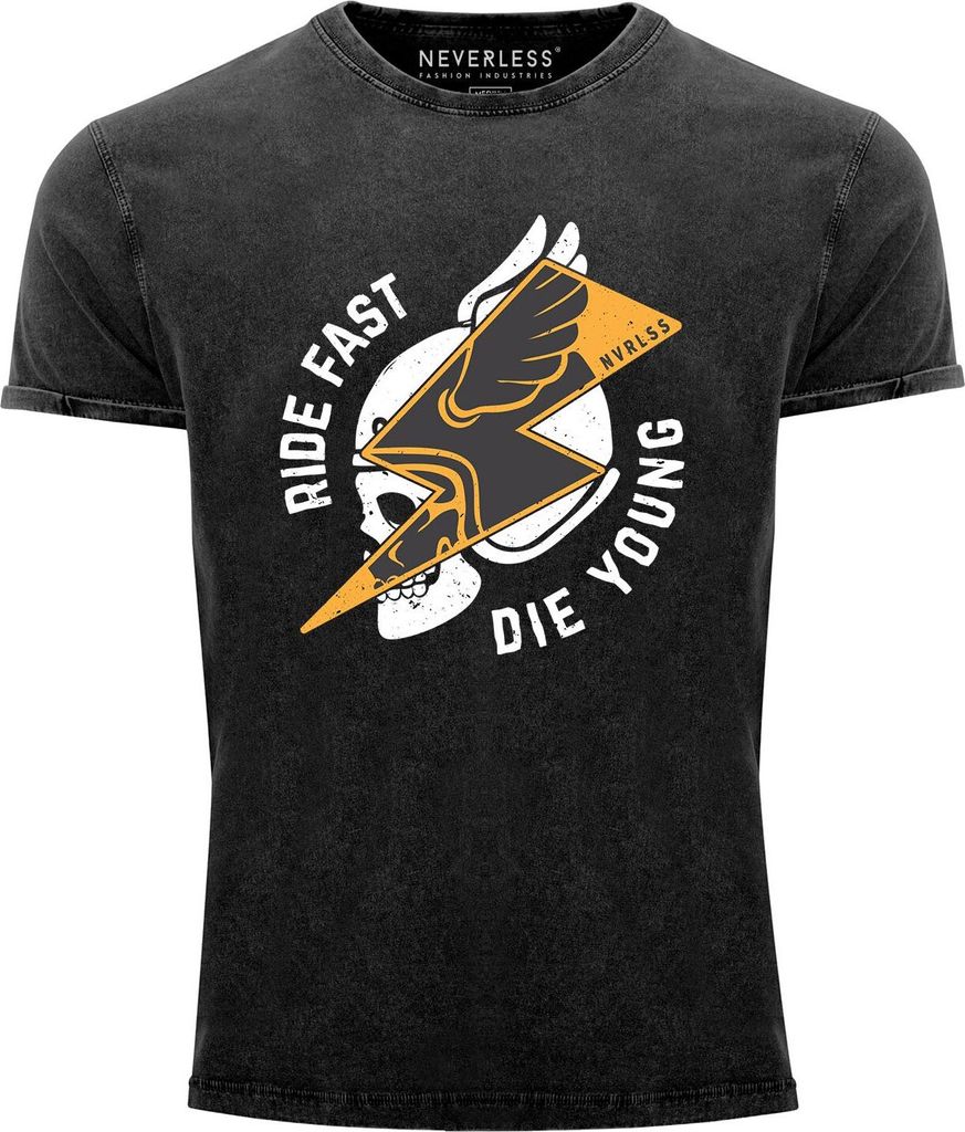 Neverless Herren T-Shirt Vintage Shirt Printshirt Rocker Biker Spruch Motiv Ride fast die young Flash Blitz Totenkopf Skull Helm Used Look Slim F...