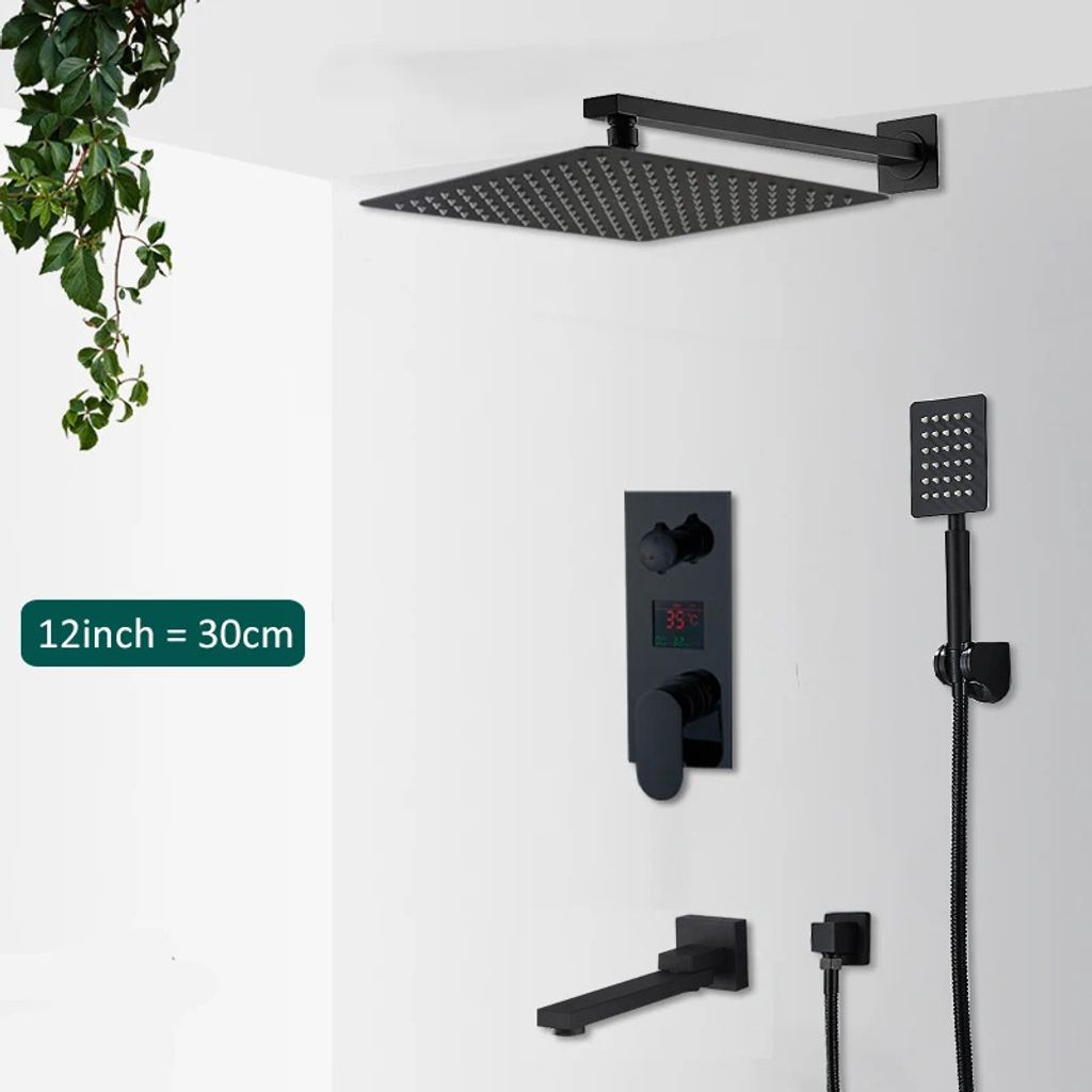Linuode Mattschwarze LED Digitalanzeige Duscharmatur Set Regen Wasserfall Schwarz Badewanne Duschsystem LCD Digital Dusche Badewanne Mischbatterie,...