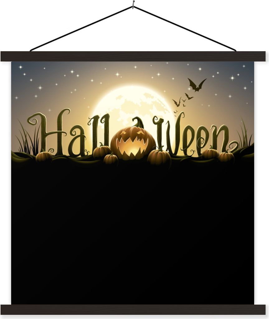 MuchoWow Textilposter Die Buchstaben von Halloween beleuchtet durch den Vollmond in einer Illustration 90x90 cm mit schwarzem Rahmen - Magnetisches