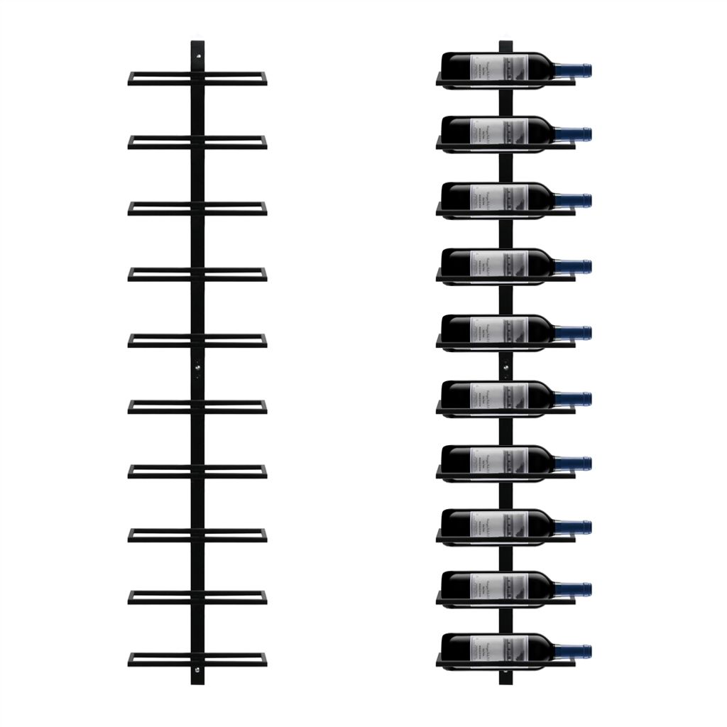 Two wall-mounted wine racks, one empty and one filled with wine bottles.