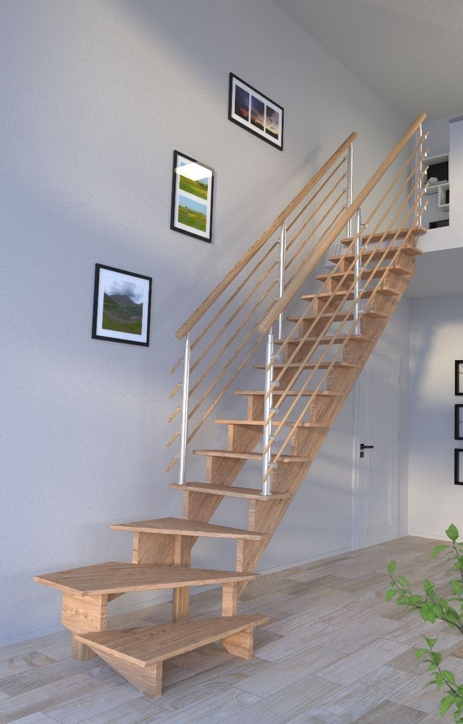 Holztreppe Lindos (Eiche) in 1/4 gewendelter Ausführung rechts-100 cm-Design Geländer Holzrundstäbe-beidseitig-ohne Setzstufen