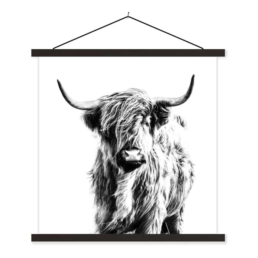 MuchoWow Textilposter Schwarz und Weiß - Schottischer Highlander - Tiere 60x60 cm mit schwarzem Rahmen - Posteraufhänger