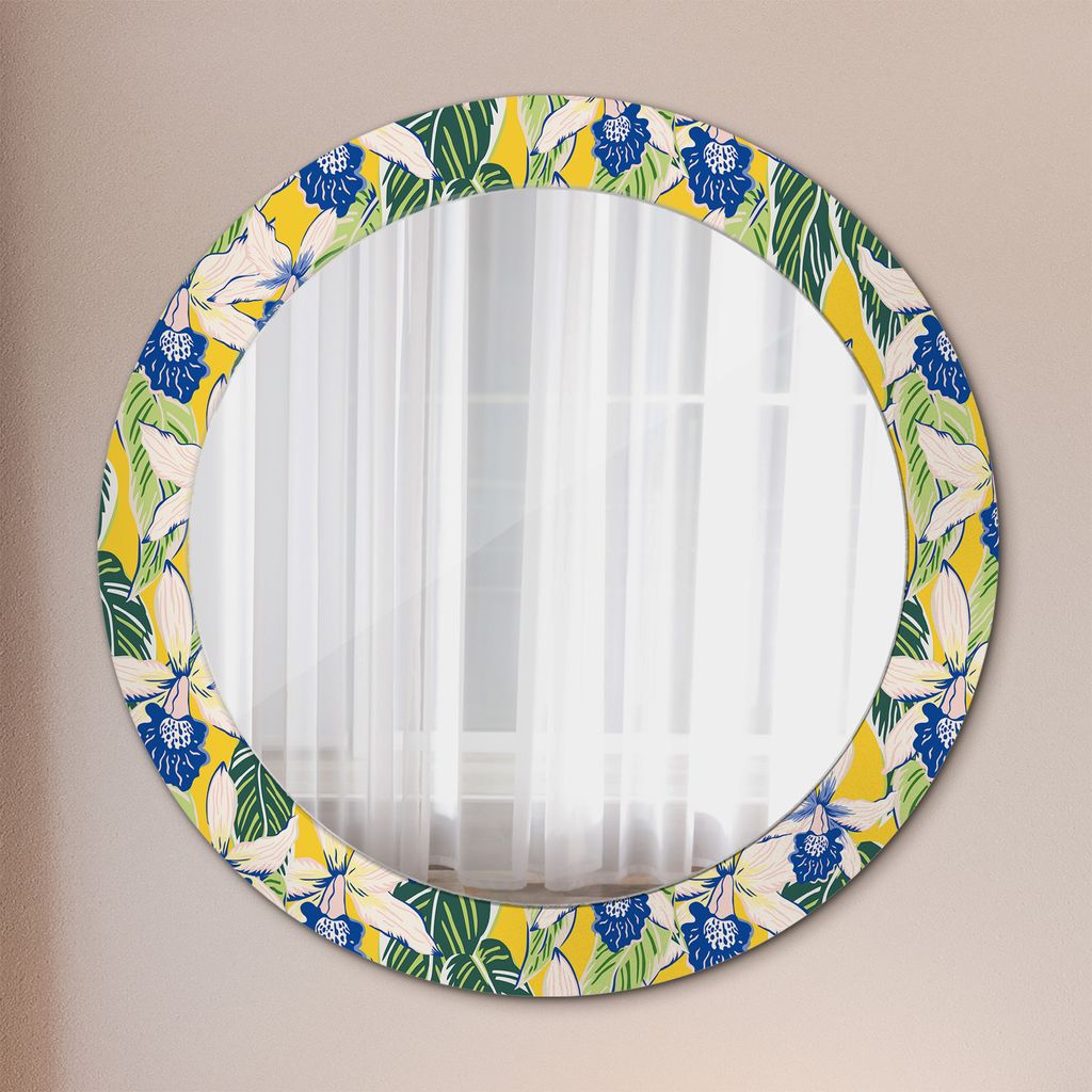 Kosmetikspiegel Spiegel - Flurspiegel - Spiegel mit Modischem Print – Dekospiegel - Blau und Gelb Orchideen - Runder: Ø70cm