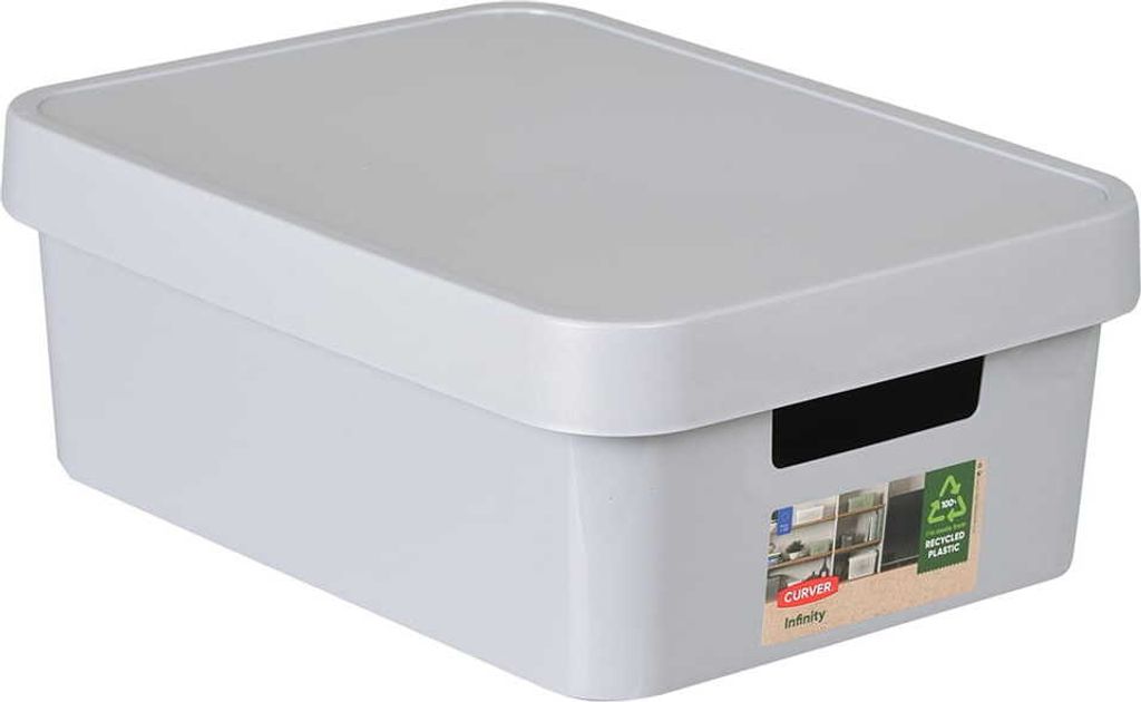 A light gray storage box with a lid, shown from a three-quarter angle.