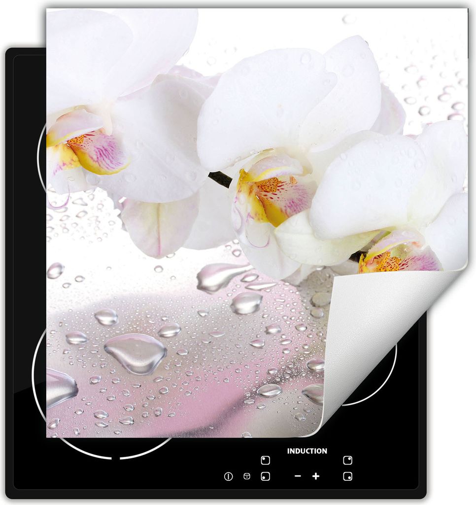 DarHaus Herdabdeckplatte 50x52 cm Anti Rutsch Matte Aufrollbar, weiß - Orchidee