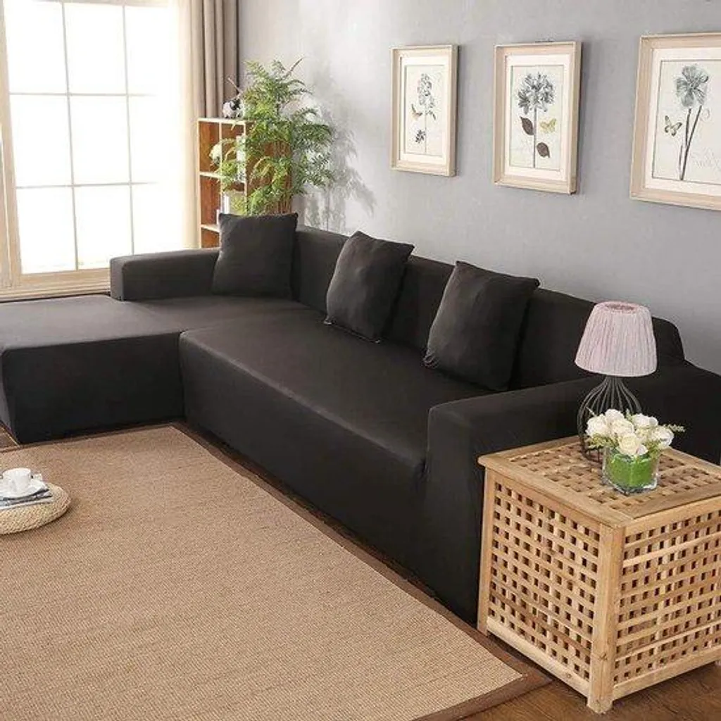 Housse de canapé en L noire extensible, tissu infroissable ultra résistant