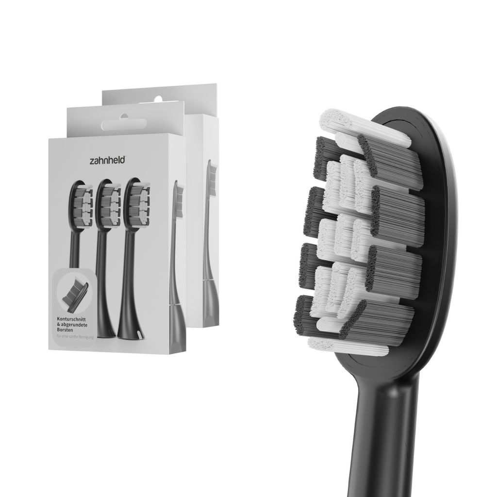 Zahnheld Bürstenkopf Ersatzbürsten Basic Medium - ideal für Gero Schallzahnbürste, 6 Stück, Schwarz, mittelharte Wechselköpfe, Schallzahnbür...