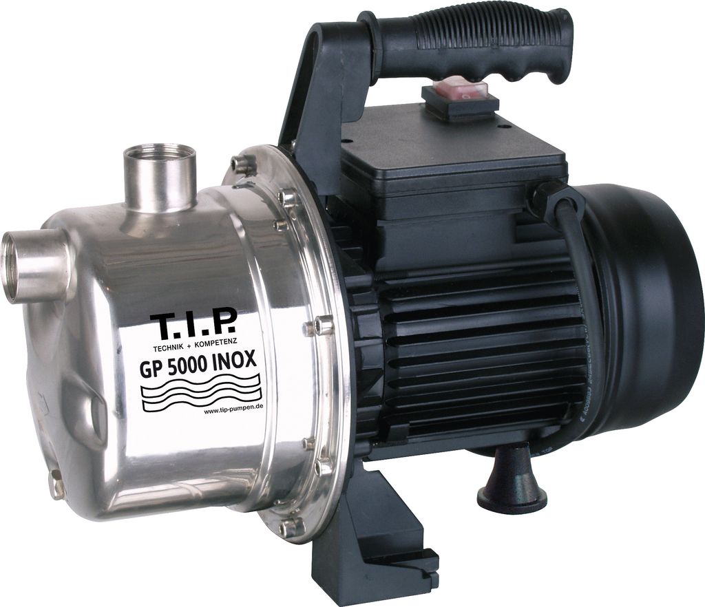 A stainless steel water pump with a black motor and handle, set against a white background.
