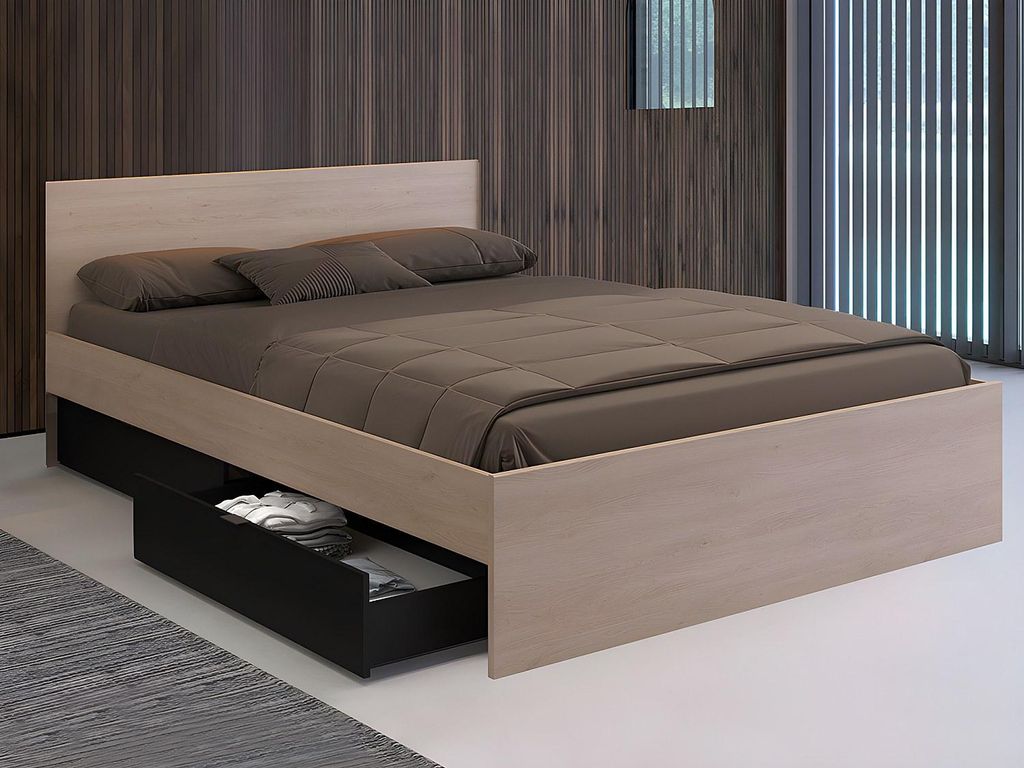 Bett mit 2 Schubladen 160 × 200 cm: Natur und schwarz + Rahmen + Matratze - VELONA