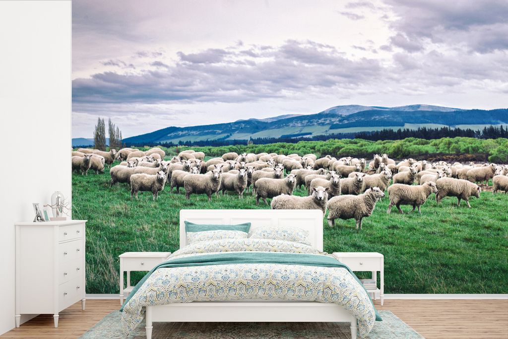 MuchoWow Fototapete für Wohnzimmer oder Schlafzimmer Wandtapete Vinyl Motivtapete Schafe - Himmel - Landschaft - 420x280 cm - Zimmer für Kinder
