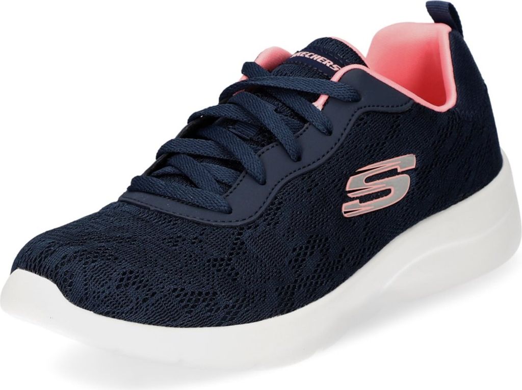 A single navy blue Skechers sneaker with pink accents and a white sole, shown from a side-angle on a white background.