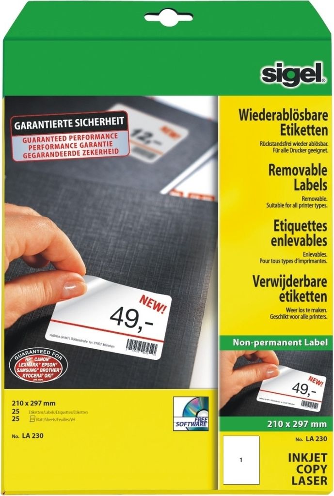 Etiketten Inkjet/Laser Kopier 210x297mm ablösbar VE=10x25 Stück (25 Blatt) weiß