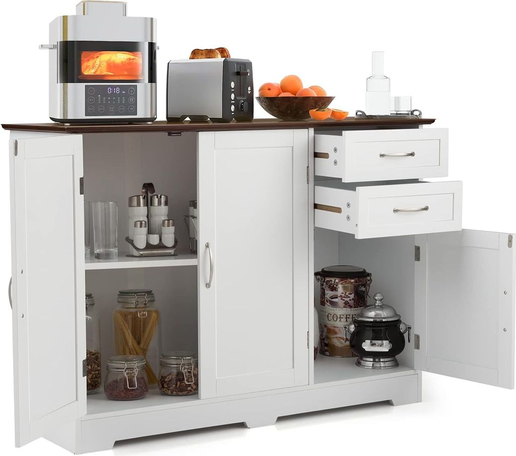 A white sideboard cabinet with a brown countertop, filled with kitchen items.