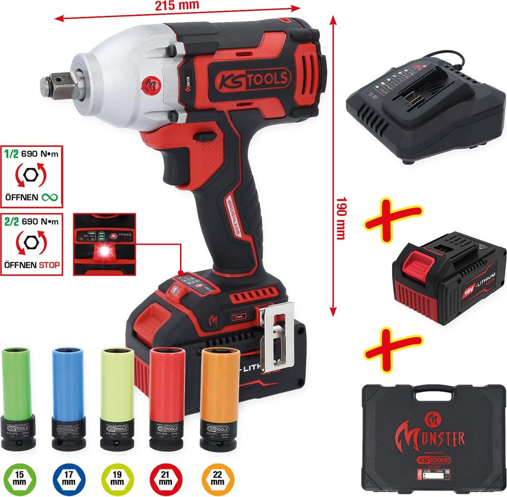 KS Tools eMONSTER 1/2 Brushless-Akku-Schlag-Schrauber-Satz, Produktbild 